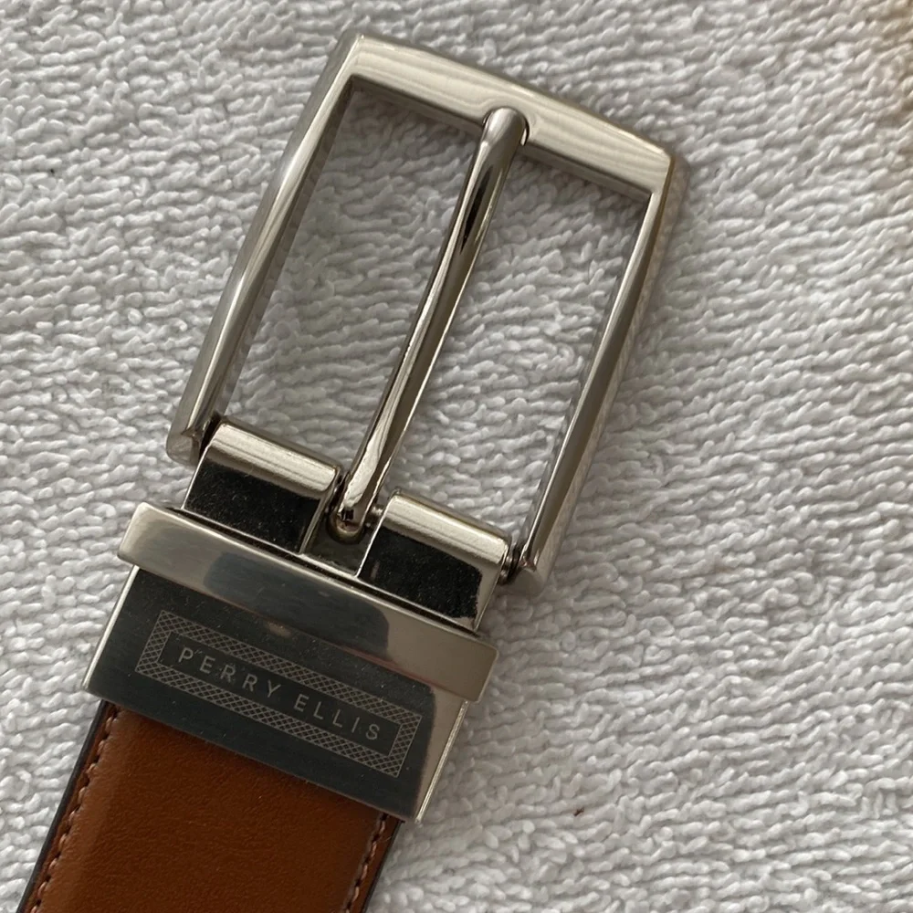Perry Ellis bonded leather belt silver buckle multiple options for closure Sz 36